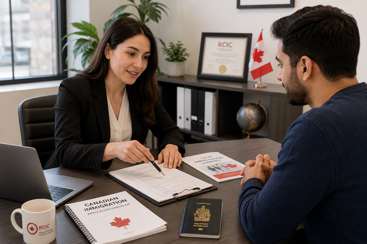 Canadian immigration consultant reviewing application documents with client in Brampton, Ontario