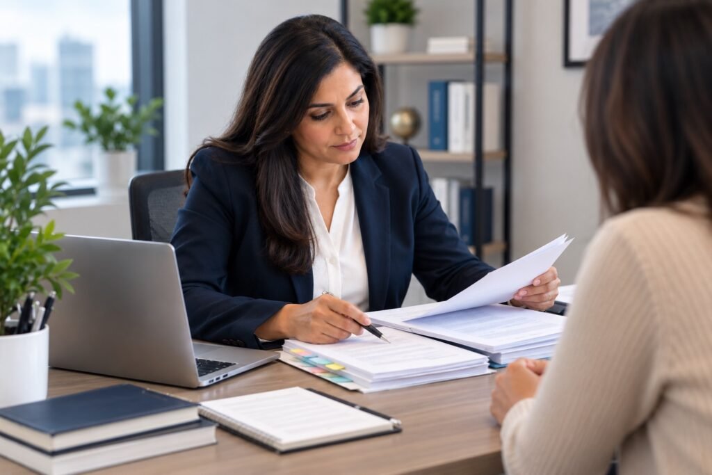 Regulated Canadian immigration consultant reviewing a prepared immigration application with a client