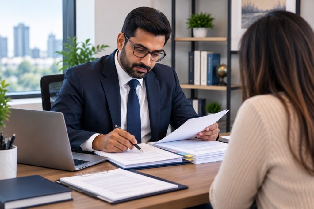 Regulated Canadian immigration consultant reviewing a prepared immigration application with a client