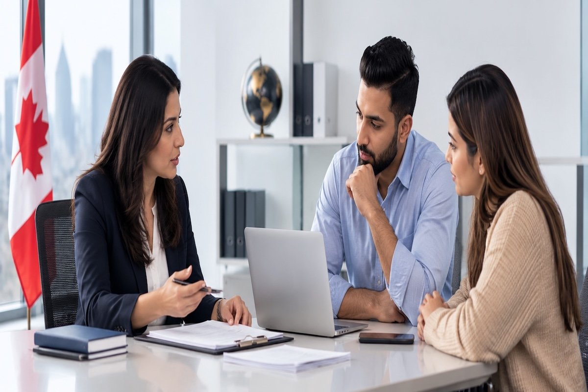 Regulated Canadian immigration consultant meeting with clients to provide professional immigration advice and representation