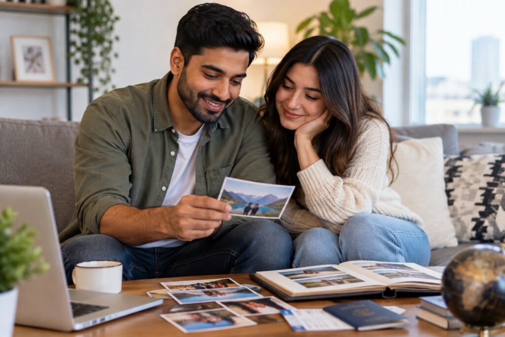 Couple reviewing relationship evidence for a spousal sponsorship application