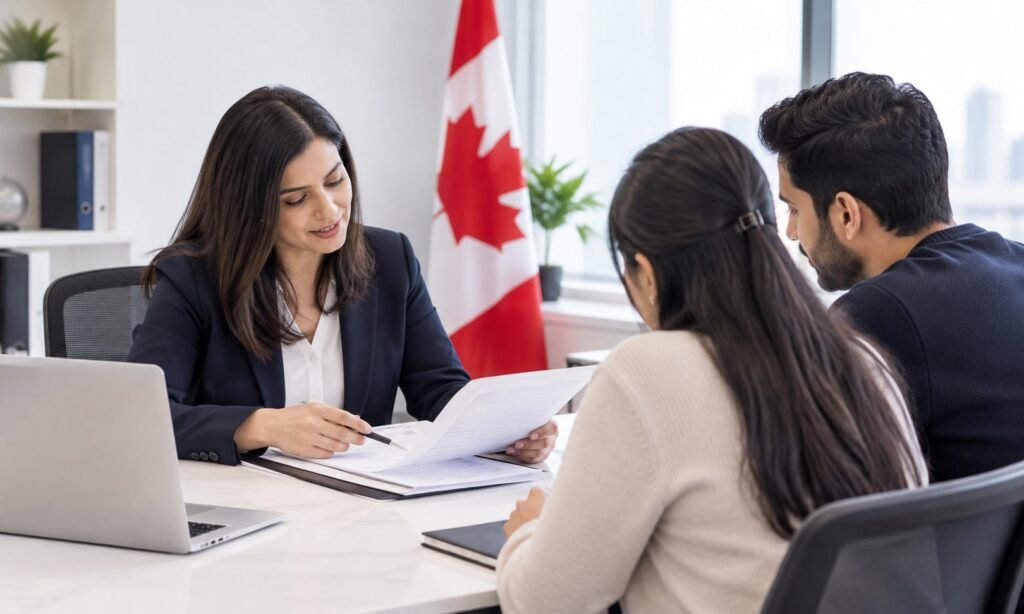 Immigration consultant reviewing application documents with clients during an Ontario PNP consultation.